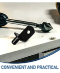 Heavy Duty L Shape Shelf Pegs For Cabinets And Wood Shelves, Nickel Plated Iron Supports displayed with tools.