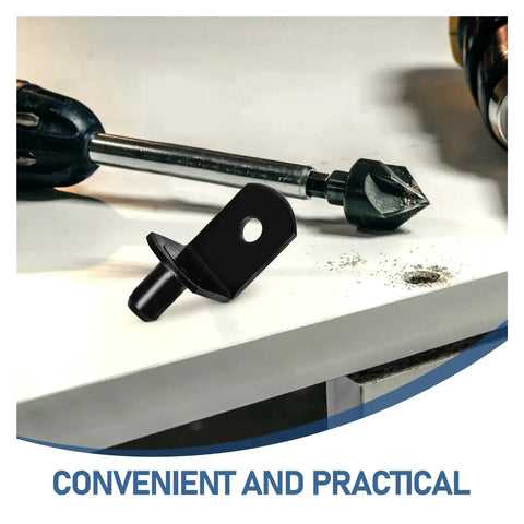 Heavy Duty L Shape Shelf Pegs For Cabinets And Wood Shelves, Nickel Plated Iron Supports displayed with tools.