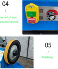 Close-up of Wet And Dry Grinding Machine with power switch, speed control knob, and polishing wheel on light blue base.