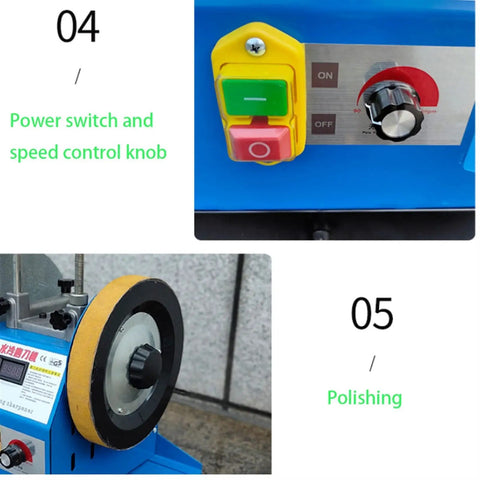Close-up of power switch, speed control, and grinding wheel of Wet Grinder And Polishing Machine For Home And Small Shop.
