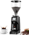 Straight Up Pro Level Electric Coffee Grinder With Industrial Flat Steel Burrs 19 Adjustable Grinding Settings Digital Timer Lock And Huge Thirty Five Ounce Hopper with a clear bean hopper and brewing coffee.