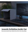 Compact Desktop Acoustic Vocal Booth Packed With Textured Sound Absorbing Foam To Beat Room Echo And Lock In Crisp Clear Audio For Vocals Microphone Tests And Podcast Sessions on a desk.