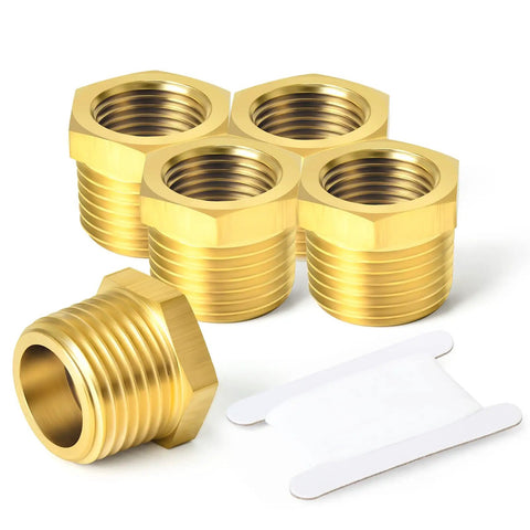 Brass Pipe Fitting Reducer Kit One Inch NPT Male to Three Quarter Inch NPT Female Adapter Hex Bushing displayed on a white background