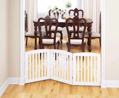 Wooden Freestanding Foldable Pet Gate for Dogs 24 Inch High 3 Panels in doorway