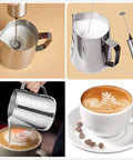 Handheld Battery Operated Milk Frother For Barista Quality Foam In Lattes And Cappuccinos, Mini Frappe Mixer, Stainless Steel Silver, Quick Whip Foam At Home shown in use and product details