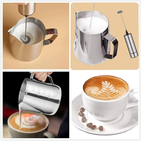 Handheld Battery Operated Milk Frother For Barista Quality Foam In Lattes And Cappuccinos, Mini Frappe Mixer, Stainless Steel Silver, Quick Whip Foam At Home shown in use and product details
