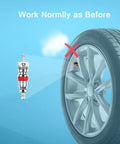 Schrader Tire Valve Core 100 Pack Durable Nickel Plated Replacement For Cars, Trucks, RVs, and ATVs shown with a car tire.