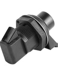 Close-up of black Push Button Latch Replacement For Boat Doors, Glove Boxes, And RV Cabinets, ABS Lock with Stainless Steel Bracket