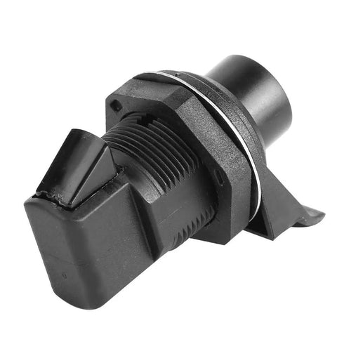 Close-up of black Push Button Latch Replacement For Boat Doors, Glove Boxes, And RV Cabinets, ABS Lock with Stainless Steel Bracket