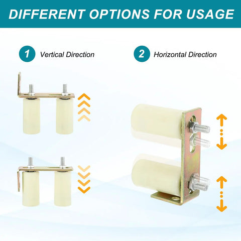 Universal Adjustable Heavy Duty Sliding Gate Guide Roller Kit with L Bracket shown in vertical and horizontal configurations.