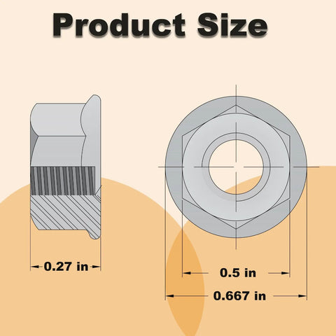 Top Shelf Carbon Steel Serrated Flange Hex Nuts 5/16-18 Inch Assortment Kit dimensions shown side profile and top view.