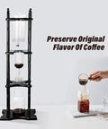 Slow Drip Cold Brew Coffee Maker Tower 2500Ml smooth Icebrew server in black with glass containers pouring coffee over ice.