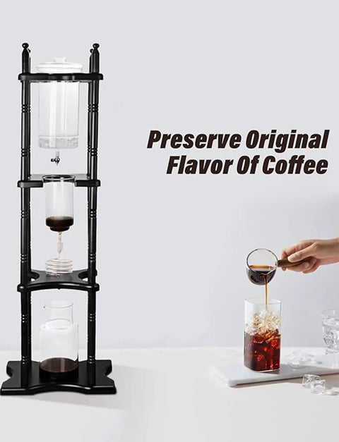 Slow Drip Cold Brew Coffee Maker Tower 2500Ml smooth Icebrew server in black with glass containers pouring coffee over ice.
