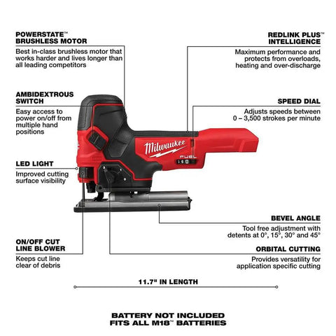 Diagram of 18V Cordless Jig Saw With Barrel Grip, T-Shank Blade, Bare Tool Only, featuring labeled components and specifications.