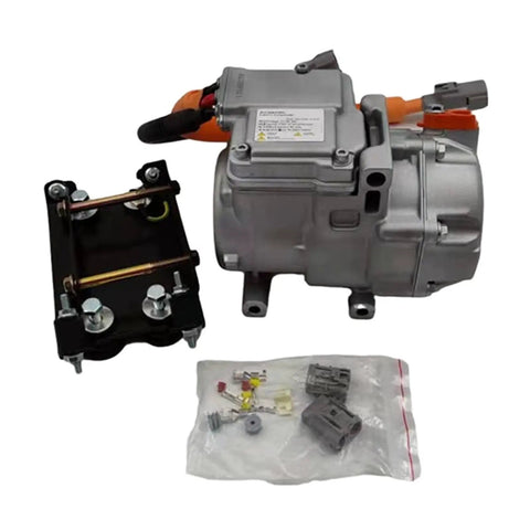 Ultra Low Noise 48V Electric AC Compressor Features Snazzy Vortex Core And Pushes Sharp R134A Chill, includes mount and connectors.