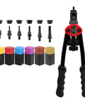 Hand Rivet Nut Tool Kit With Blind Riveter And Six Rivet Nut Sets, Nose Pieces, And Drill Adapter For Quick Install, Threaded Inserts, Automotive And Metalworking Projects, License Plate Mounts, shown with six nose pieces and hand tool