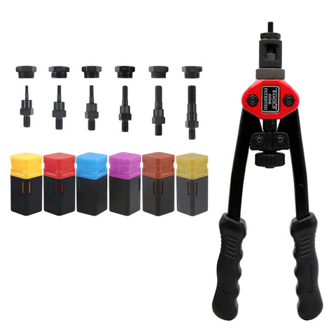 Hand Rivet Nut Tool Kit With Blind Riveter And Six Rivet Nut Sets, Nose Pieces, And Drill Adapter For Quick Install, Threaded Inserts, Automotive And Metalworking Projects, License Plate Mounts, shown with six nose pieces and hand tool