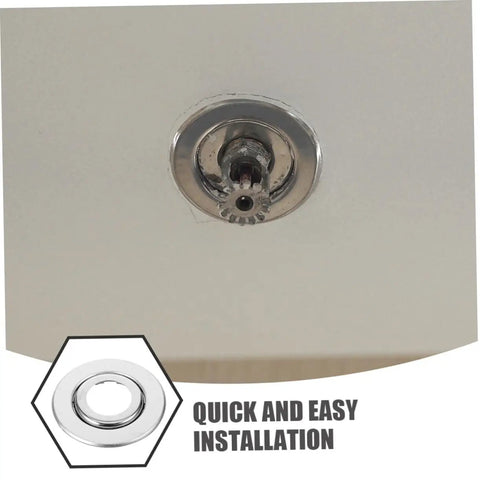 Close-up of installed Straight Up Sharp Set 5 Pack Decorative Fire Sprinkler Cover Plates with universal fit on ceiling.