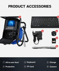 Professional Heavy Duty Pipeline Camera With 7 Inch Ips Display Tough As Nails Build For Sewer And Drainage Jobs Featuring No Fuss Dvr Recording Keyboard Navigation And 16gb Memory Card accessories including keyboard, charger, TF card, and camera.