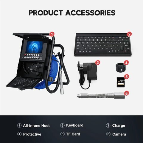 Professional Heavy Duty Pipeline Camera With 7 Inch Ips Display Tough As Nails Build For Sewer And Drainage Jobs Featuring No Fuss Dvr Recording Keyboard Navigation And 16gb Memory Card accessories including keyboard, charger, TF card, and camera.
