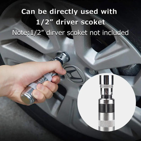 Impact Driver Set 26 Pcs With One Half And Three Eighths Drive Reversible Manual Extractor Kit in use on car wheel