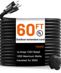 60 Feet Outdoor Extension Cord Waterproof All Weather Heavy Duty 16 Gauge 3 Prong With Covers Flexible 100 Percent Copper