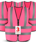 Rock This Neon Pink Three Pack Reflective Safety Vest For Men And Women Featuring Bold Two Inch Strips For Genuine High Visibility Coverage On Active Job Sites And Nighttime Outdoor Tasks Stay Safe Out There Straight Up Every Single Day showing three vests with reflective stripes, lightweight material.