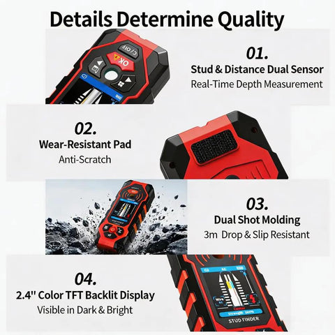 Rugged Seven In One Wall Scanner Stud Finder With Integrated Laser Distance Meter and Smart Electronic Detector showcasing wear-resistant anti-scratch pad.