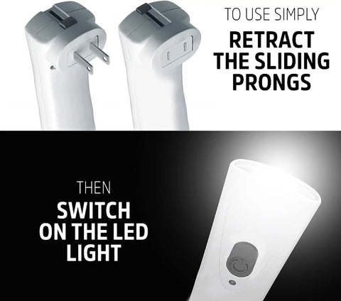 Instructions for Six Pack Auto On Rechargeable LED Flashlights for Power Outages showing retractable prongs and LED switch
