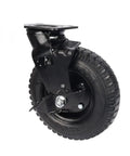 Premium 8 Inch Pneumatic Rubber Tire Caster With Side Brake For Industrial Dolly Cart, showing steel swivel mount and black rubber tire.