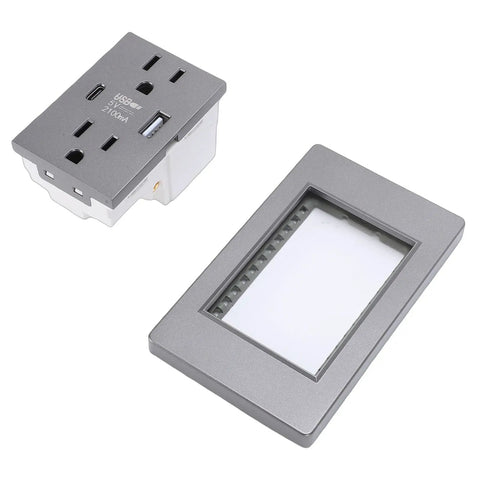 Modern Wall Outlet Featuring Integrated Usb A And Type C Fast Charge Ports 15A Dual Receptacle with matching gray wall plate.