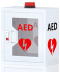 Heavy Duty AED Defibrillator Wall Cabinet with glass door, red siren on top, universal fit for emergency storage.
