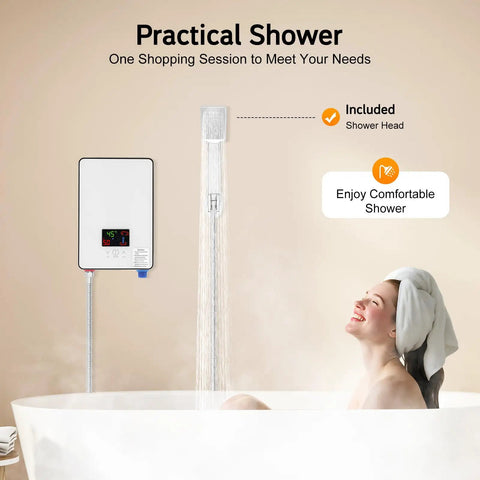 Space Saving Electric Tankless Water Heater With 4500 Watt Element Serving Straight Up Instant Hot Water For Shower Kit, compact design with shower head.
