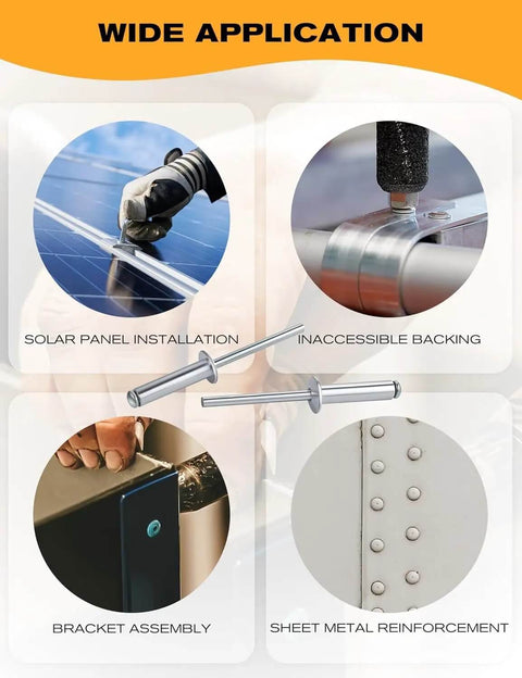Wide application of 300 Piece 5/32 Inch Aluminum Blind Rivets Kit for solar panels, backing, brackets, sheet metal.