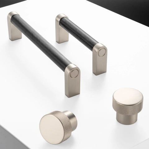 Black And Nickel Knurled Cabinet Pulls Three And Three Quarter Inch Hole Centers Solid Metal Handles, pack of ten shown