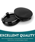 Street Ready Wheel Center Caps 4 Pack Rust Proof Hub Covers No Sweat Snap In Anti Drop Rim Medallions Tough Steel Bracket Universal Slick Black 2 caps viewed from top and side, showing ABS plastic construction.