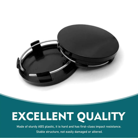Street Ready Wheel Center Caps 4 Pack Rust Proof Hub Covers No Sweat Snap In Anti Drop Rim Medallions Tough Steel Bracket Universal Slick Black 2 caps viewed from top and side, showing ABS plastic construction.