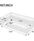 Stylish Twin Size Montessori Floor Bed Frame With High Safety Fence And Clean White Finish dimensions and measurements image.