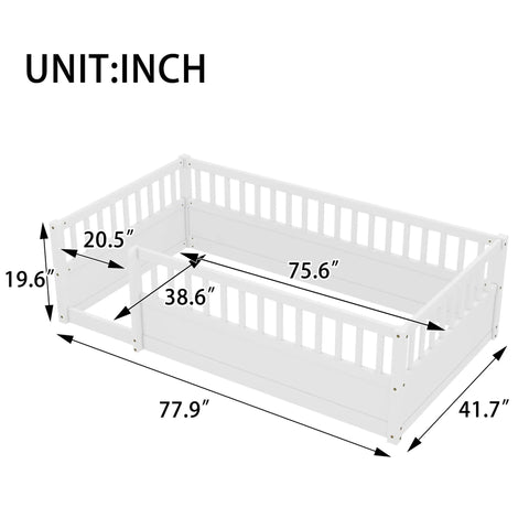 Stylish Twin Size Montessori Floor Bed Frame With High Safety Fence And Clean White Finish dimensions and measurements image.