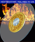 Huge 43 Inch Tempered Glass Lazy Susan Turntable For Dining Tables Smooth As Butter 360 Spin with gold design and flames backdrop.