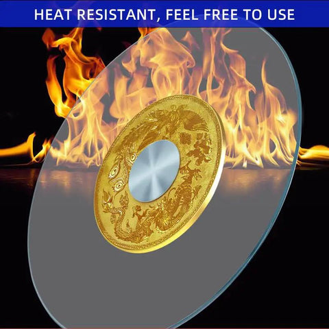 Huge 43 Inch Tempered Glass Lazy Susan Turntable For Dining Tables Smooth As Butter 360 Spin with gold design and flames backdrop.