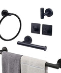 Self Adhesive Matte Black Bathroom Hardware Set With 16 To 24 Inch Adjustable Towel Bar, Toilet Paper Holder, 3 Towel Hooks displayed