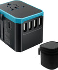 Universal Travel Adapter With 5 USB Ports And 8A AC Outlet Worldwide Charger For 200 Plus Countries UK Europe Asia Blue with case