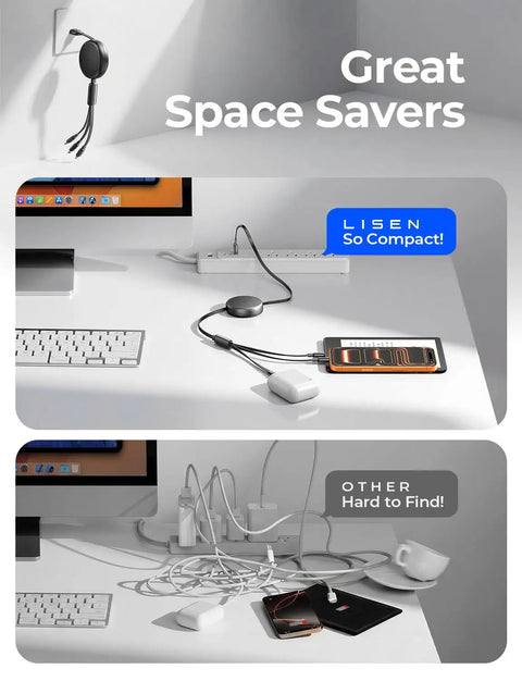 Two setups comparing a tidy desk with 3 In 1 Retractable Car Charger Cable With USB C, Lightning And Micro USB Ports and a messy one.