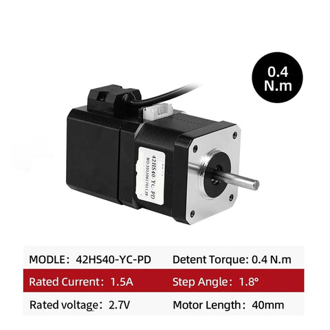 Front view of a black NEMA17 brake stepper motor with silver faceplate and protruding shaft, model 42HS40-YC-PD.