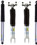 Bilstein 5100 Series Front And Rear Monotube Shocks Set For 2011 To 2024 Silverado 2500 HD And Sierra 3500 HD with black and silver design.