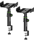 Set Of 2 Dual Side Clamping Studio Monitor Stands For Desktop, short adjustable speaker stands with extendable top plate, height range 9 to 14 inches.