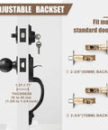 Diagram showing double door lock set with handles, adjustable backset for 2 3/8 or 2 3/4 inches, fits 1 3/8 to 1 3/4 inch doors.