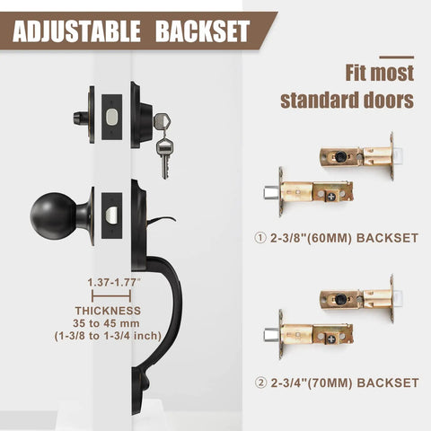 Diagram showing double door lock set with handles, adjustable backset for 2 3/8 or 2 3/4 inches, fits 1 3/8 to 1 3/4 inch doors.