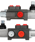 Hydraulic flow control valve, 1-spool, black body with red adjustment caps and silver port fittings (two views)